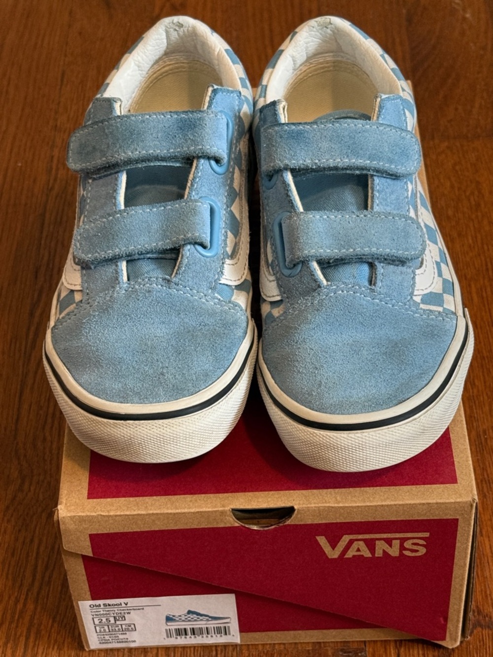 Vans Kids Light Blue Suede Checkerboard Velcro Sneakers